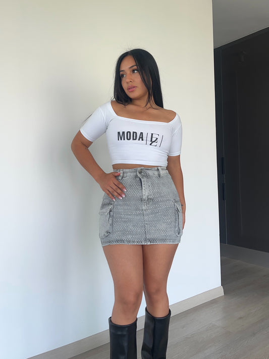 N672-3 (R3) | Falda Short Cargo Full Brillos Gris Claro | Menina | Venta Por Mayor