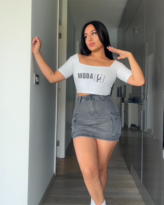 N672-4 (S3) | Falda Short Full Brillos Gris Cargo | Menina | Venta Por Mayor