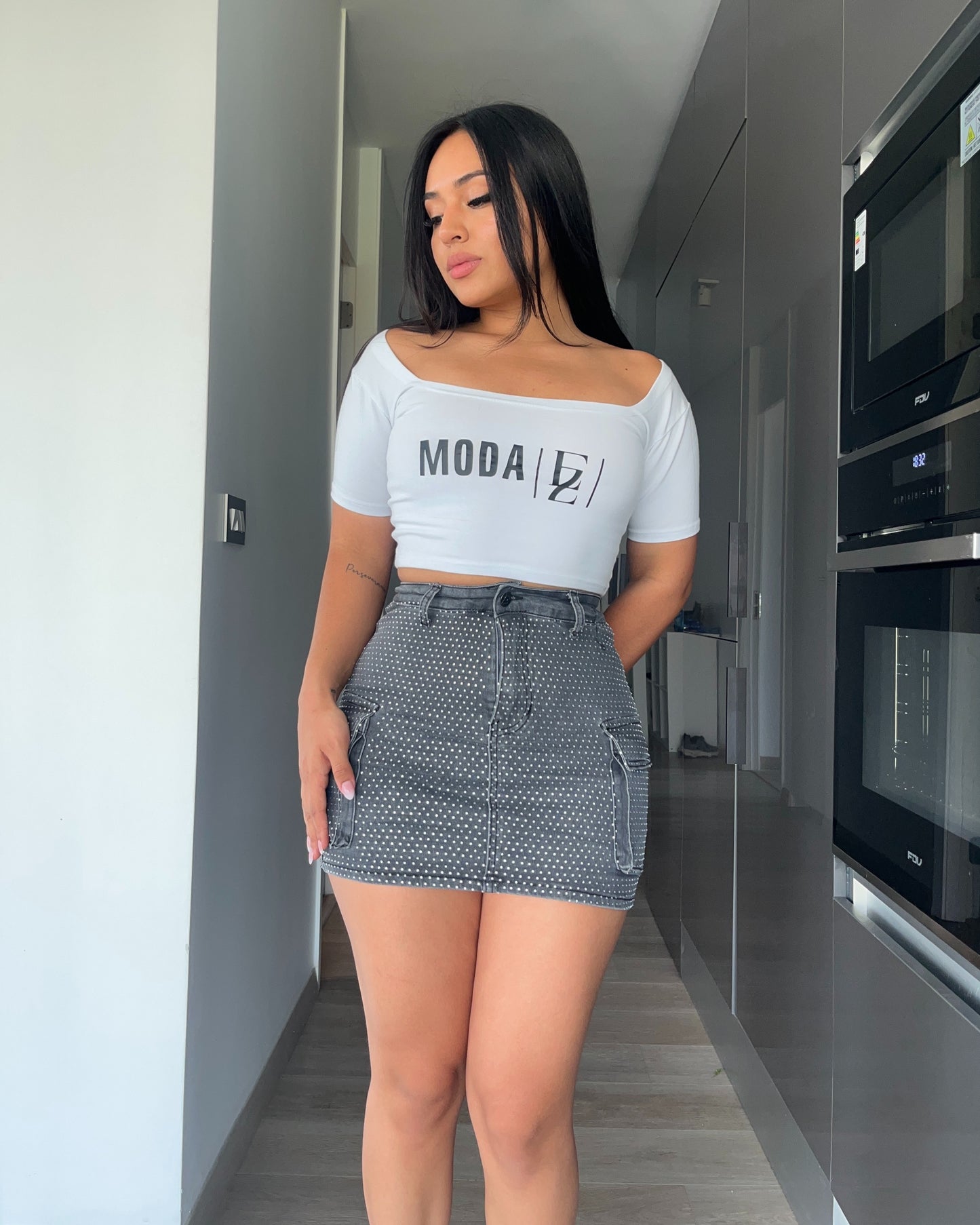 N672-4 (S3) | Falda Short Full Brillos Gris Cargo | Menina | Venta Por Mayor