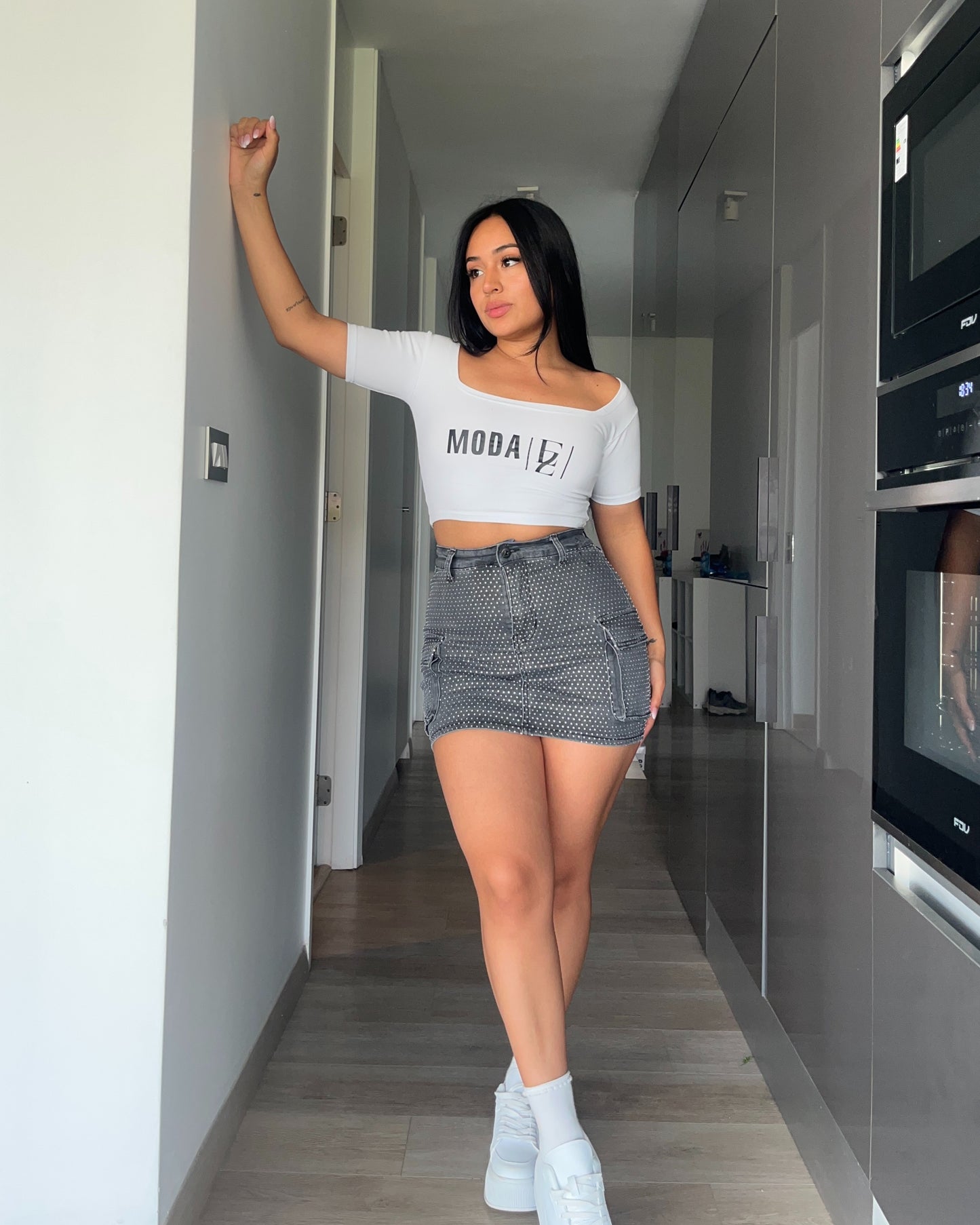 N672-4 (S3) | Falda Short Full Brillos Gris Cargo | Menina | Venta Por Mayor