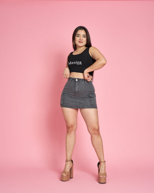 N672-4 (S3) | Falda Short Full Brillos Gris Cargo | Menina | Venta Por Mayor