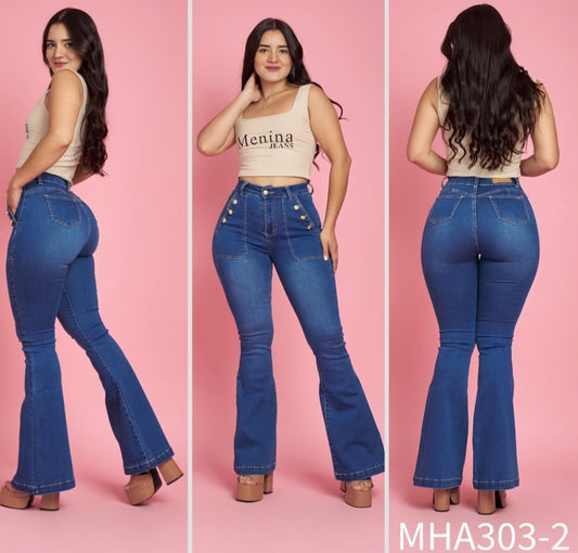 Jeans Flare Azul Botones Decorativos | Modelo A303-2 (C2) | Menina| Venta Por Mayor