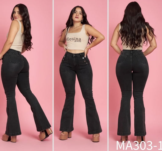 Jeans Flare Gris Botones Decorativos | Modelo A303-1 (C3) | Menina | Venta Por Mayor