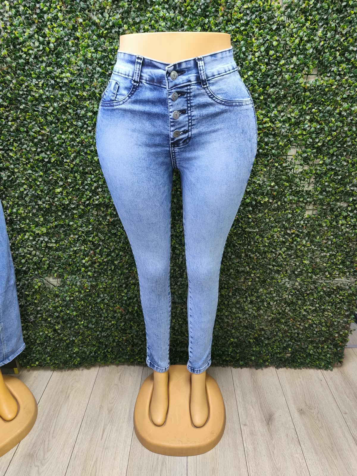 EZ2543 Skinny Nacional Celeste Jaspeado 5 Botones Ultra Push Up por mayor, vista frontal